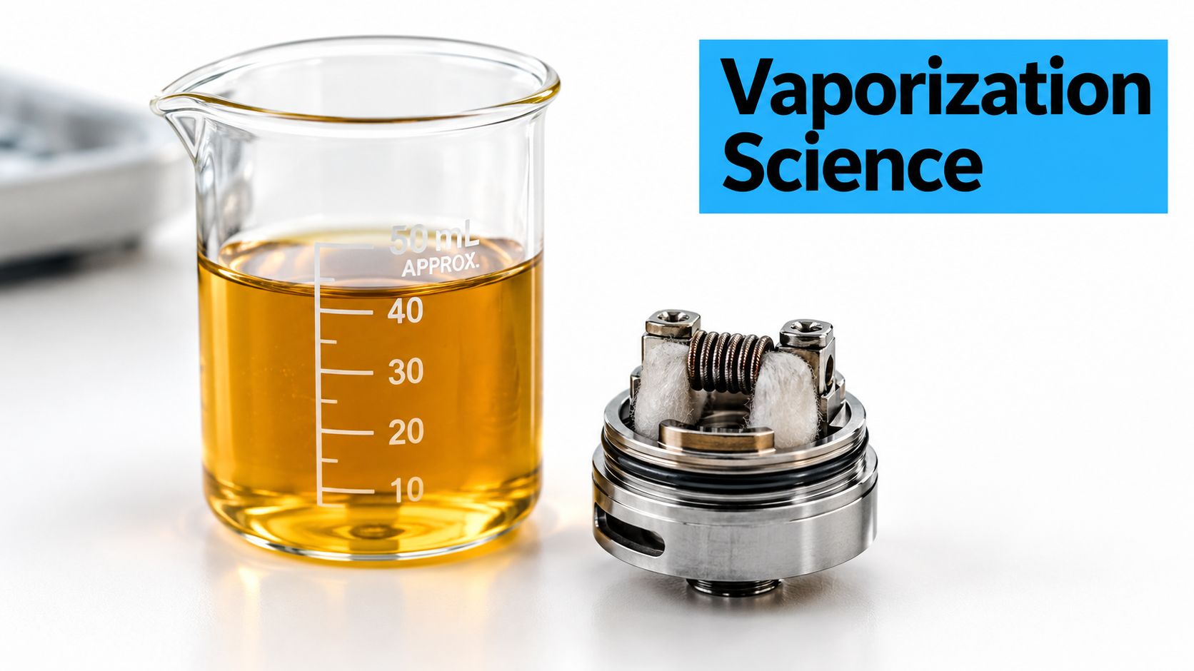 A glass beaker filled with yellow cannabis vape oil sits next to a vape coil assembly.