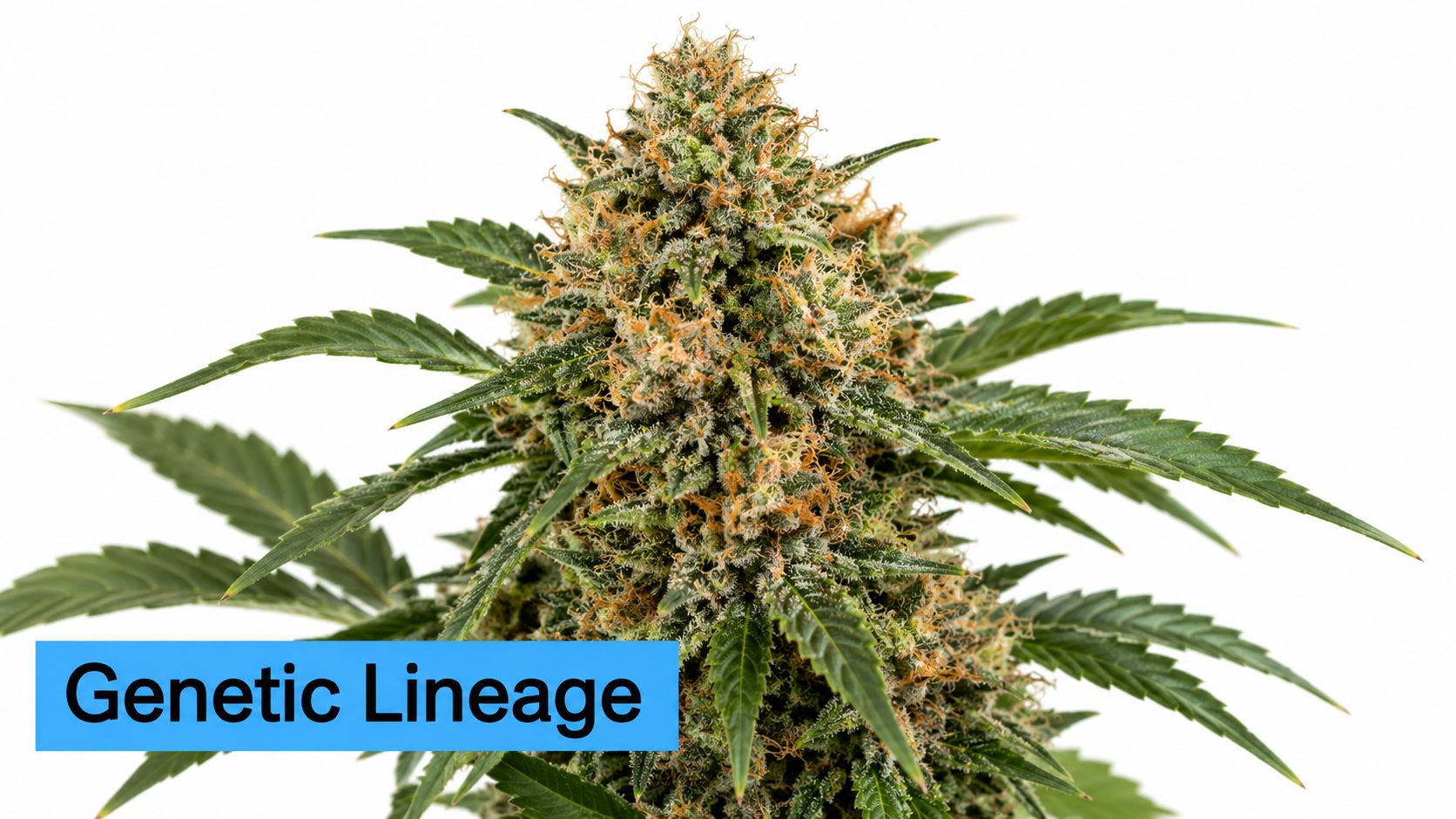 A close-up shot of a mature cannabis flower bud with a blue text box overlay.