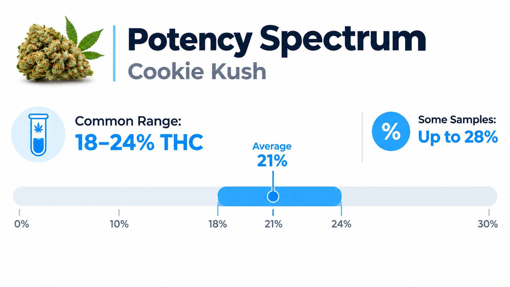 A graphic showing the potency spectrum for the Cookie Kush cannabis strain with THC content levels.