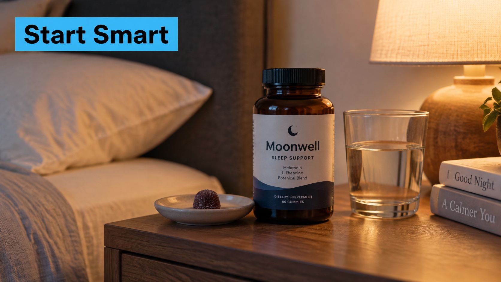 A bottle of Moonwell sleep support gummies, a glass of water, and one gummy on a bedside table.