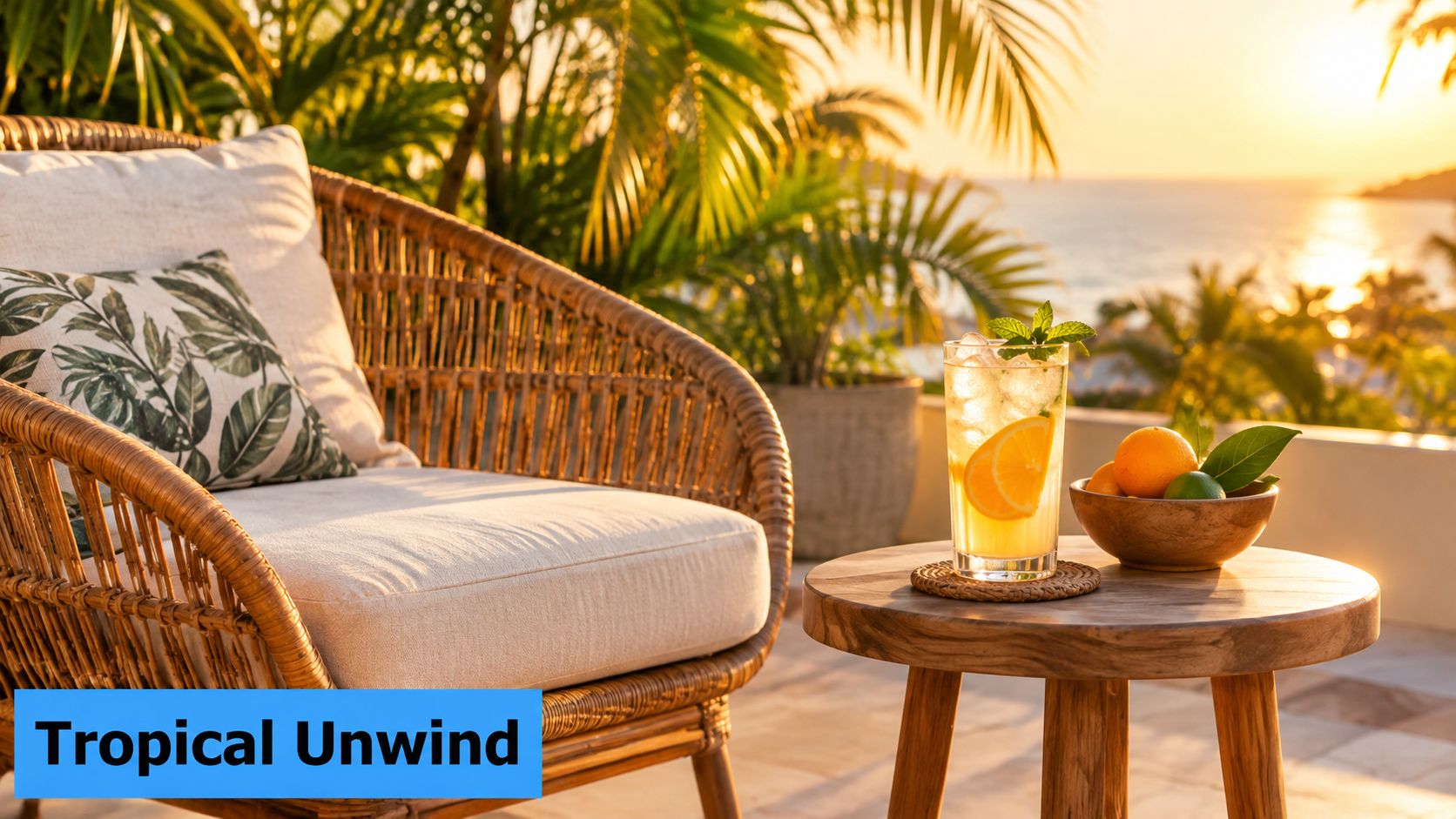 A relaxing rattan chair on a sunlit balcony with a refreshing cocktail and fruit bowl at sunset.