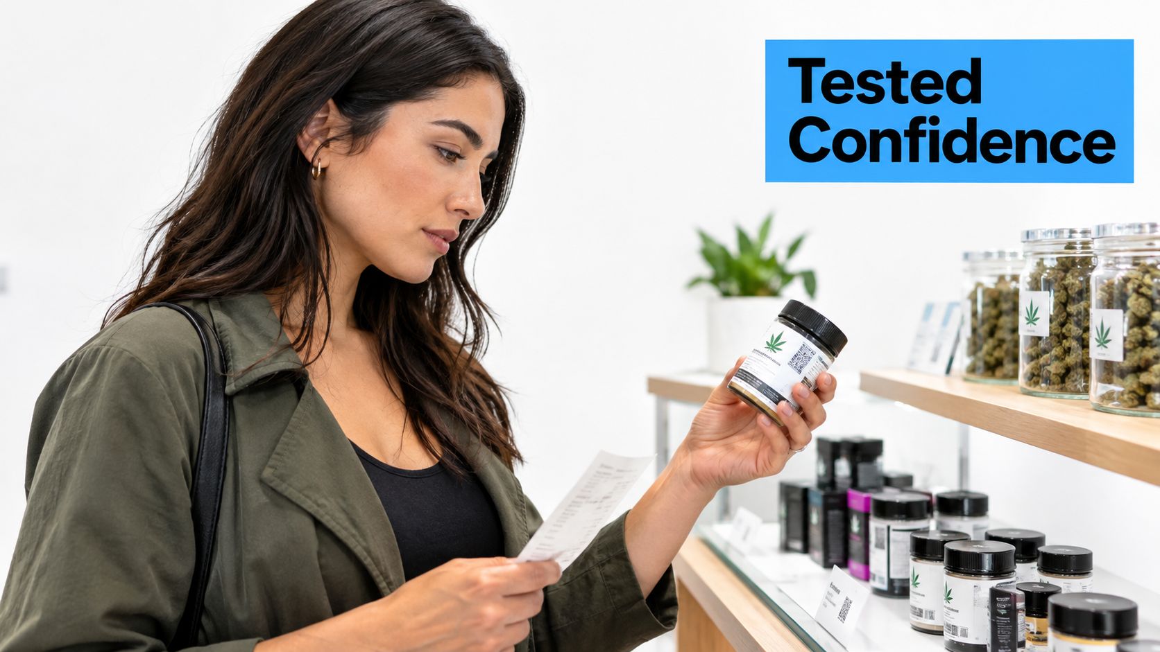 A woman carefully reads the label of a cannabis product in a modern, well-lit dispensary store.
