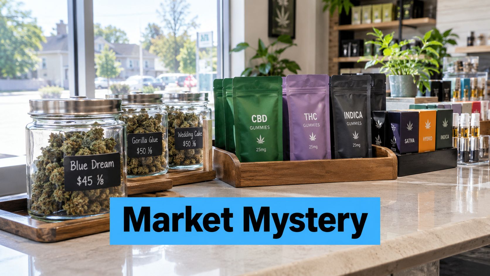 An assortment of cannabis flower jars and gummy product pouches displayed on a marble store counter.