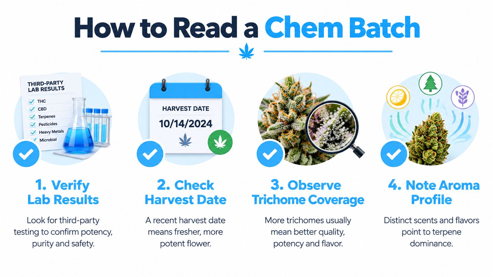 An infographic titled How to Read a Chem Batch with four numbered tips about evaluating cannabis flower quality.