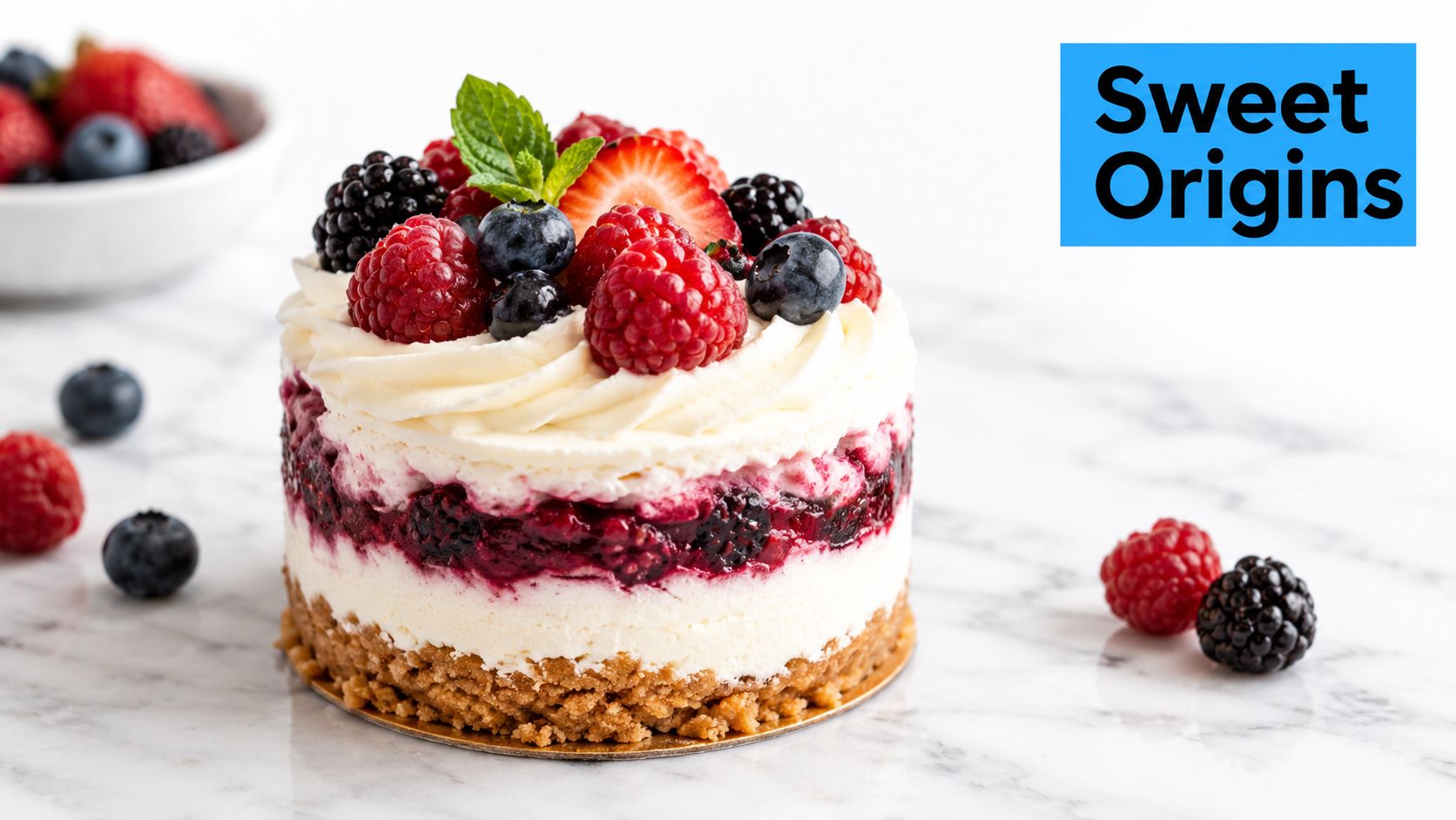 A beautiful small berry cheesecake topped with fresh raspberries, blueberries, blackberries, and mint on a marble surface.