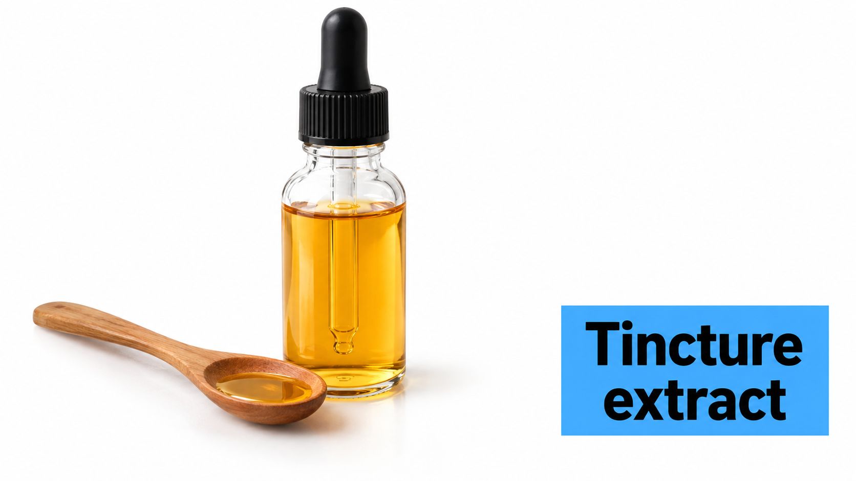 A glass dropper bottle filled with golden tincture liquid next to a small wooden spoon on white.