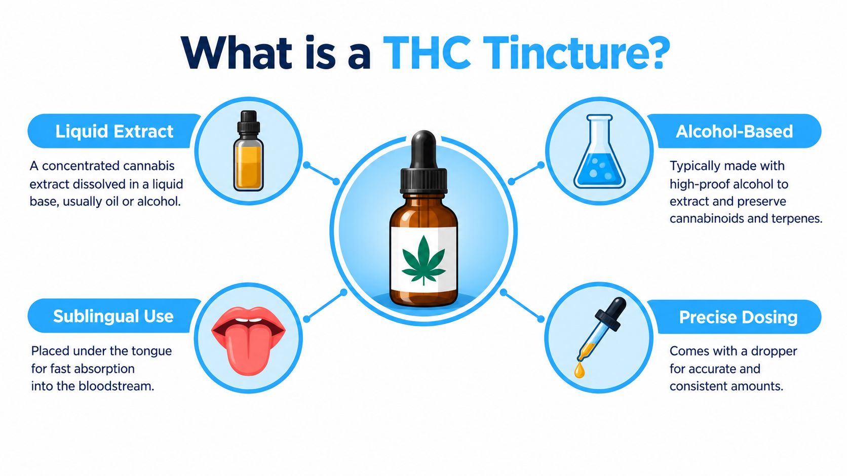 An infographic explaining what a THC tincture is, detailing its properties, usage, and precise dosing methods.