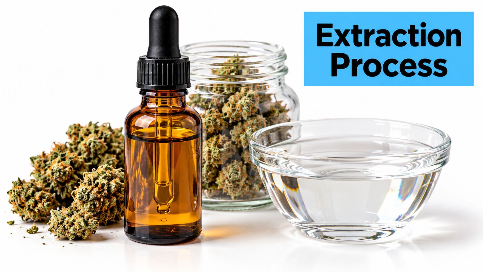 A brown glass dropper bottle with oil next to cannabis buds and a bowl of water.