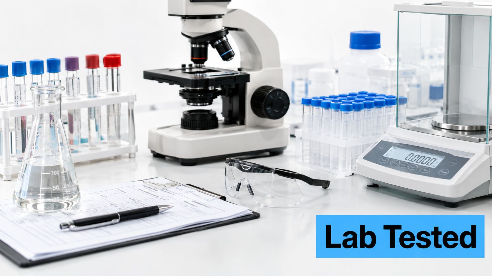 A professional laboratory workstation featuring a microscope, chemical glassware, test tubes, analytical balance, and a clipboard.