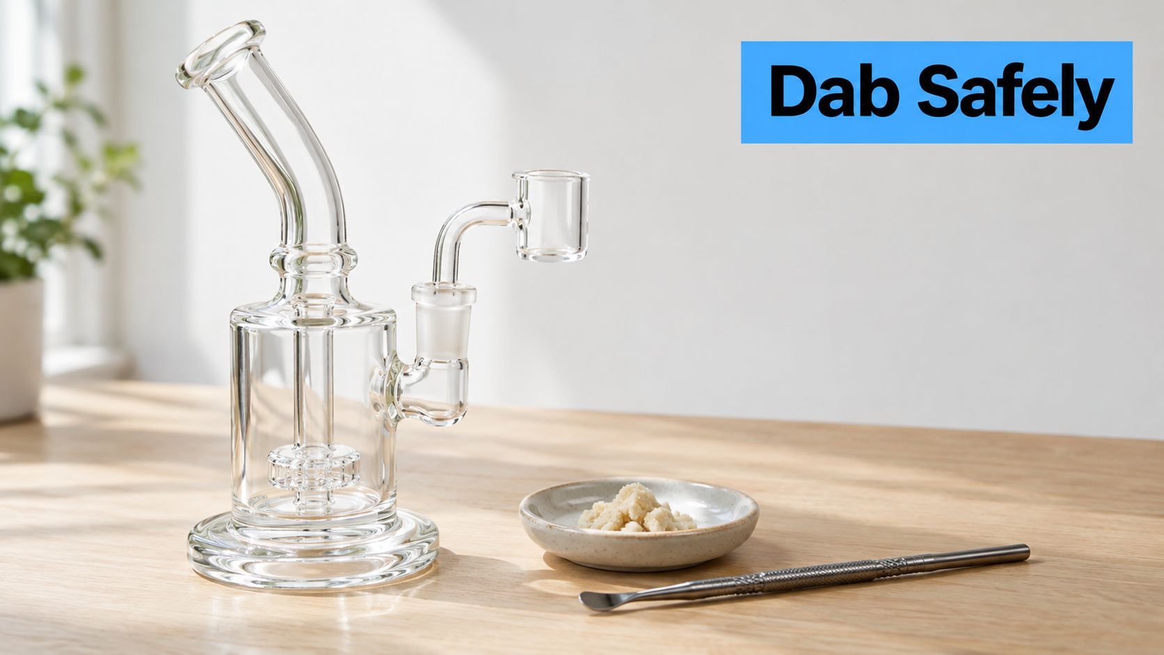 A glass dab rig, a small dish of white crumble wax, and a metal dab tool on a table.